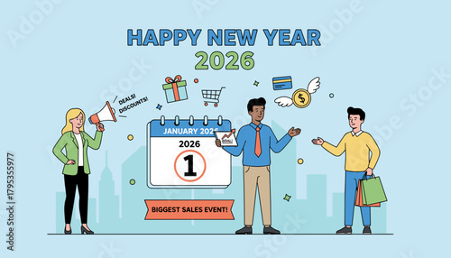 Happy New Year 2026 sales event Business people promoting January 1st discounts shopping and commercial goals