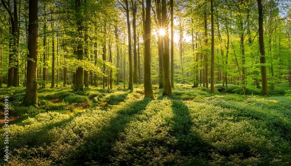 Fototapeta premium a springtime forest scene unfolds with vibrant greenery and radiant sunlight filtering through the trees