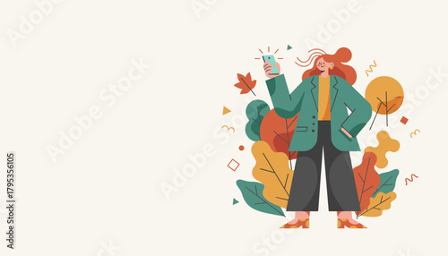 Happy woman taking photo with smartphone in autumn park Vector illustration for digital life