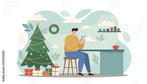 Holiday illustration of man shopping online with tablet by decorated Christmas tree