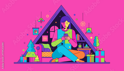 Person uses smartphone inside a vibrant stylized attic room decorated for Christmas or winter holidays