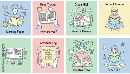 Vector set of selfcare and journaling habits reflection goal setting mood tracking and creative writing