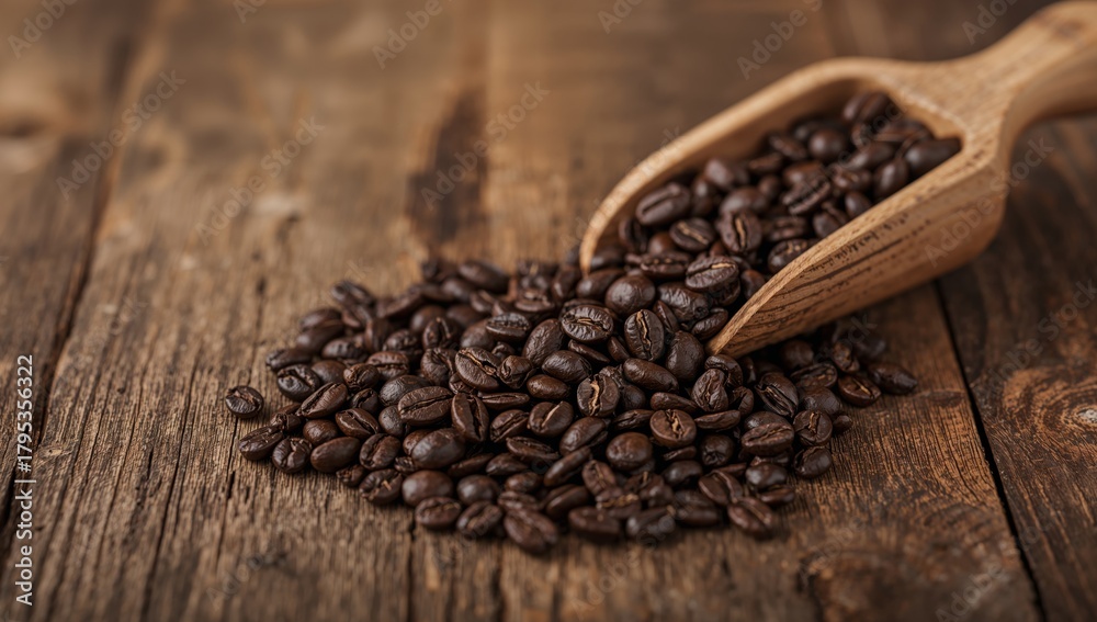 Fototapeta premium Roasted Aroma, Dark Delight A Wooden Scoop of Dark Coffee Beans on Textured Surface.