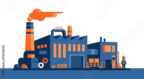 Flat design illustration of a factory manufacturing plant production line and industrial workers