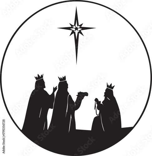 Three Wise Men illustration with gifts and Star of Bethlehem in circular black-and-white Nativity vector for Christmas themes