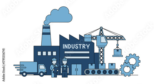Blue factory illustration showing industry production logistics workers and mechanical gears