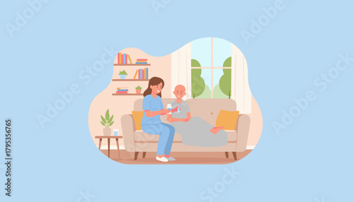 Professional caregiver assists patient with medication during home recovery Healthcare support