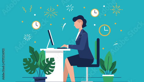 Business success productivity and celebration Woman working hard in office illustration