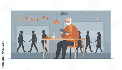 Senior man uses digital tablet and phone in an autumnthemed cafe as commuters walk past outside