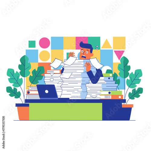 Overwhelmed office worker buried under mountains of stressful paperwork and documents