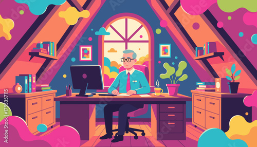 Retro vector illustration of a senior man working in a vibrant colorful attic home office