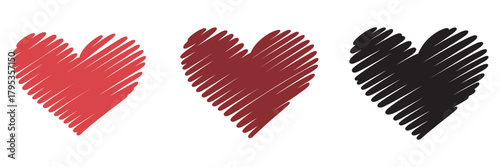 Collection of three hand-drawn scribble hearts in various colors for creative design