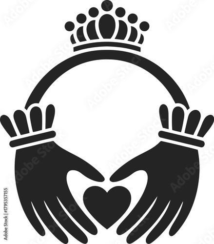 Elegant black and white illustration depicting a heart held by hands, surmounted by a crown