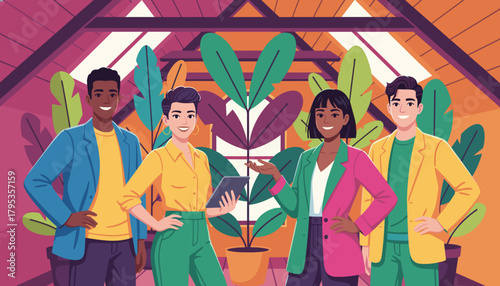 Diverse business team in a vibrant plantfilled coworking space promoting growth and teamwork