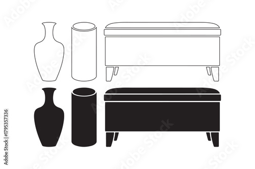 Outline and silhouette of vases and storage ottomans