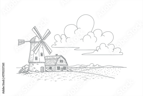 Windmill Farm Landscape Drawing