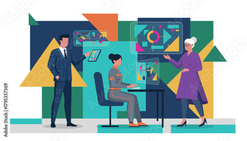 Business team analyzing futuristic data visualizations using technology