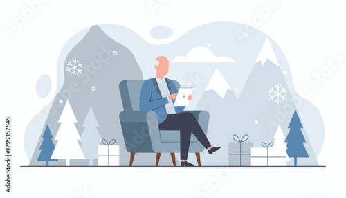 Senior man using a tablet in an armchair against a stylized snowy winter landscape with trees and gifts