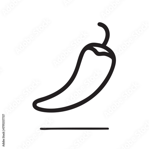 A simple black and white line drawing depicts a single chili pepper on a white background showcasing its classic shape