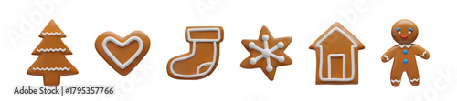 Collection of festive Christmas gingerbread cookies. 3D rendered holiday treats including a tree, heart, stocking, snowflake, house, and man isolated on a white background for a banner