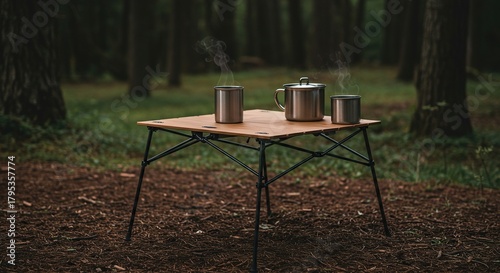 A lightweight, folding utility table designed for outdoor adventures, set up on rough terrain near a forest edge ,hiking ,forest ,equipment