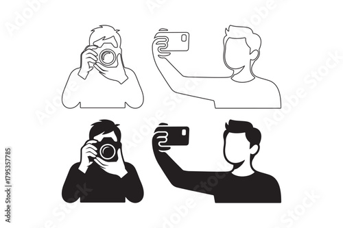 People taking photos with cameras and smartphones in a simple line art style