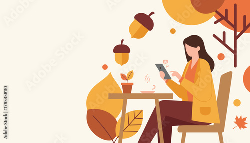 Woman enjoying coffee and using a mobile phone in a cozy warm autumn vector illustration