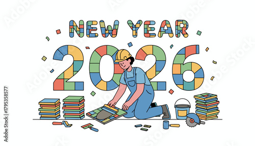 Construction worker tiling the year 2026 symbolizing future development and new beginnings