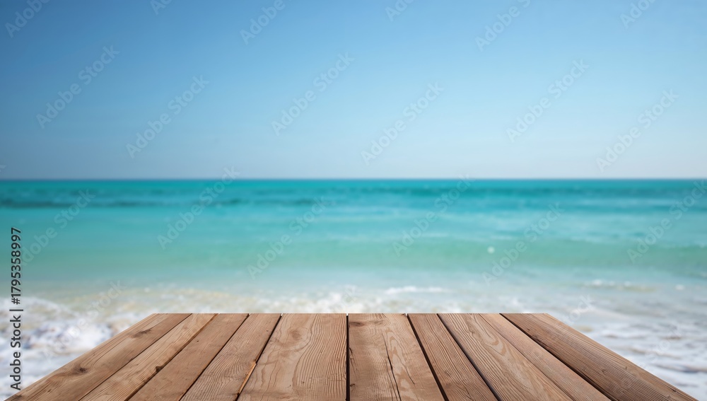 Fototapeta premium Sunny Vista. A Wooden Deck Overlooking a Blurred Turquoise Sea and Sky, Abstract Backdrop.