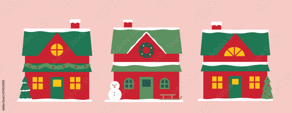 Naklejka premium Red and green Christmas house vector clipart set. Christmas house with lights on. winter Christmas house illustration art, icons, and Graphics. For greeting card, poster, banner, leaflet.