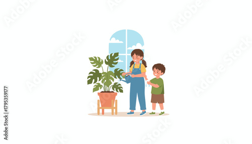 Happy children tending to a houseplant indoors Responsibility and growth concept illustration