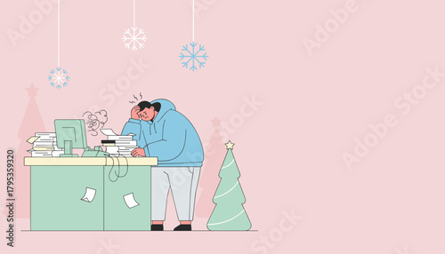 Stressed worker dealing with overwhelming deadlines and holiday burnout at a busy office desk