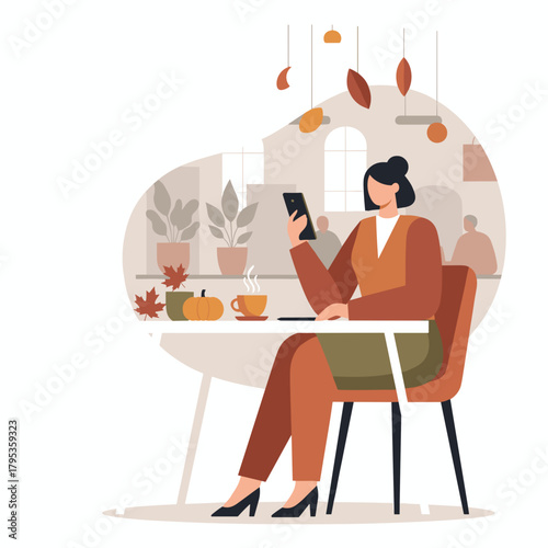 Cozy autumn cafe scene Woman checking her phone while enjoying a warm drink
