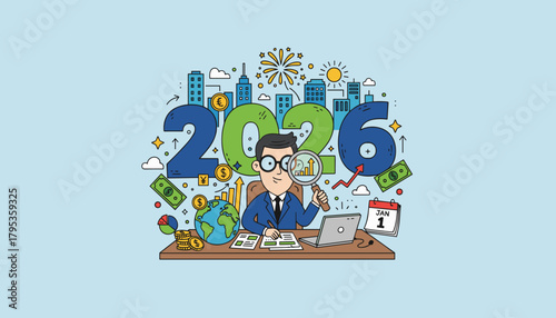 Business analyst planning financial growth for 2026 focused on global investment and success