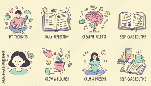 Selfcare and mental health doodle set reflection growth meditation and journaling