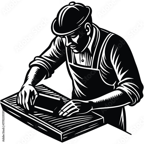 Woodworker Silhouette Illustration Craftsman Working with Wood Block and Plane on White Background