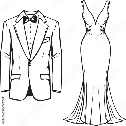 Formal attire illustration with tuxedo and evening gown in elegant black-and-white vector style for weddings and galas