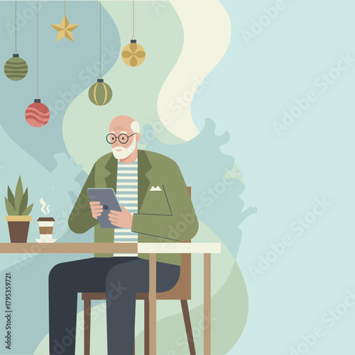 Senior man reads tablet device in a cafe with festive holiday decorations and coffee