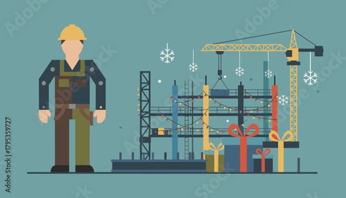 Festive construction site with worker crane gifts and holiday lights Flat design illustration