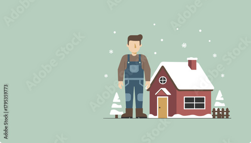 Professional worker standing near a house covered in snow during winter