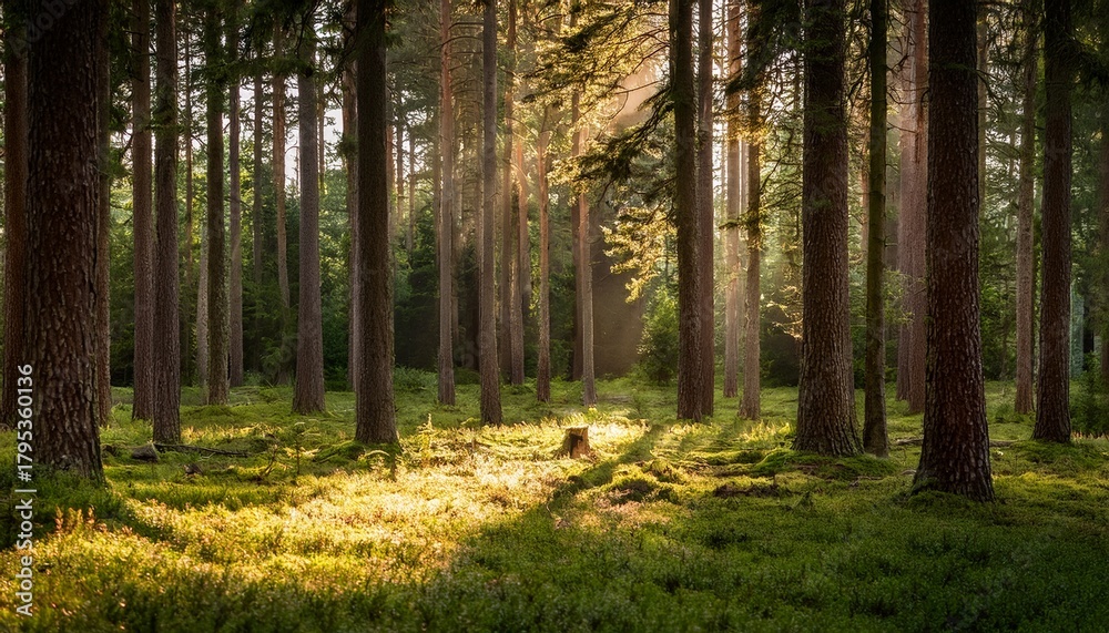 Fototapeta premium a serene forest clearing bathed in dappled sunlight with towering pine trees