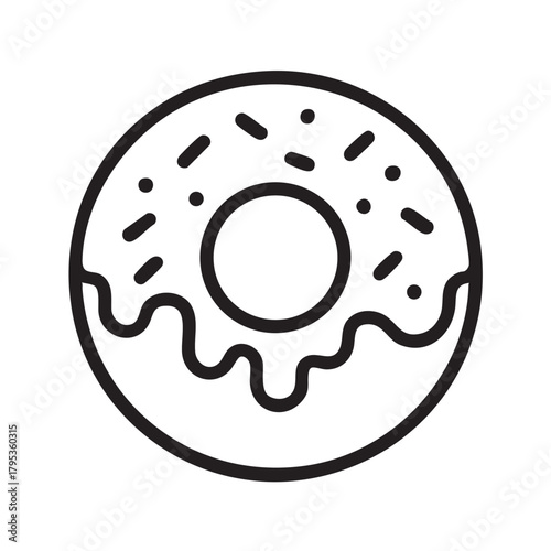 a simple black and white line drawing depicts a frosted donut with sprinkles on top