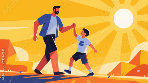Illustration Of A Father Playing With A Small Child In A Sunlight Atmosphere Vector Design Template