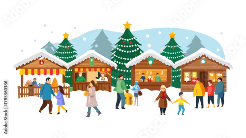 Explore christmas market winter holiday fair with christmas trees and snow in a festive scene