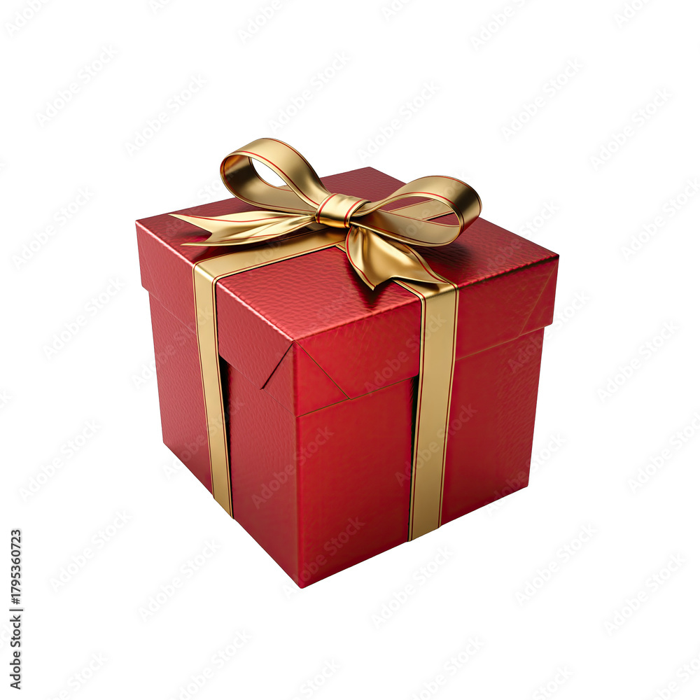 Obraz premium A meticulously crafted 3D rendering of a vibrant red gift box adorned with a gleaming golden ribbon and bow, isolated on a stark black background, evoking a sense of celebration and luxury, with