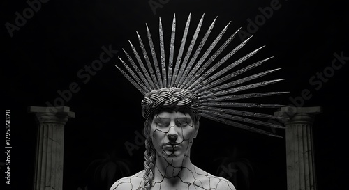 Statue with crown of spikes and cracked texture in dark setting