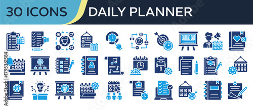 Collection of Daily Planner icons, related to Daily Task, Habits, Morning Routine, Event Planner, Action Plan and more. Solid icons vector illustation.