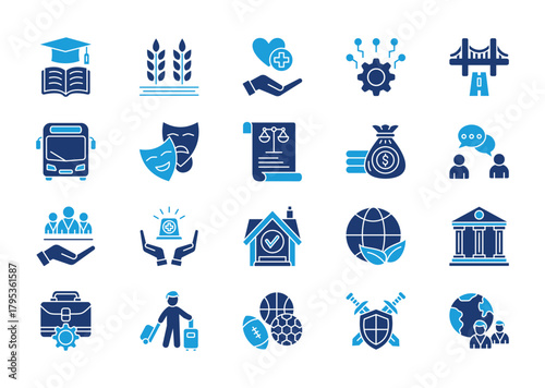 Sector of society thin solid icon set. Containing education, agriculture, healthcare, technology, energy, transportation, arts, justice, finance, communication. Vector illustration