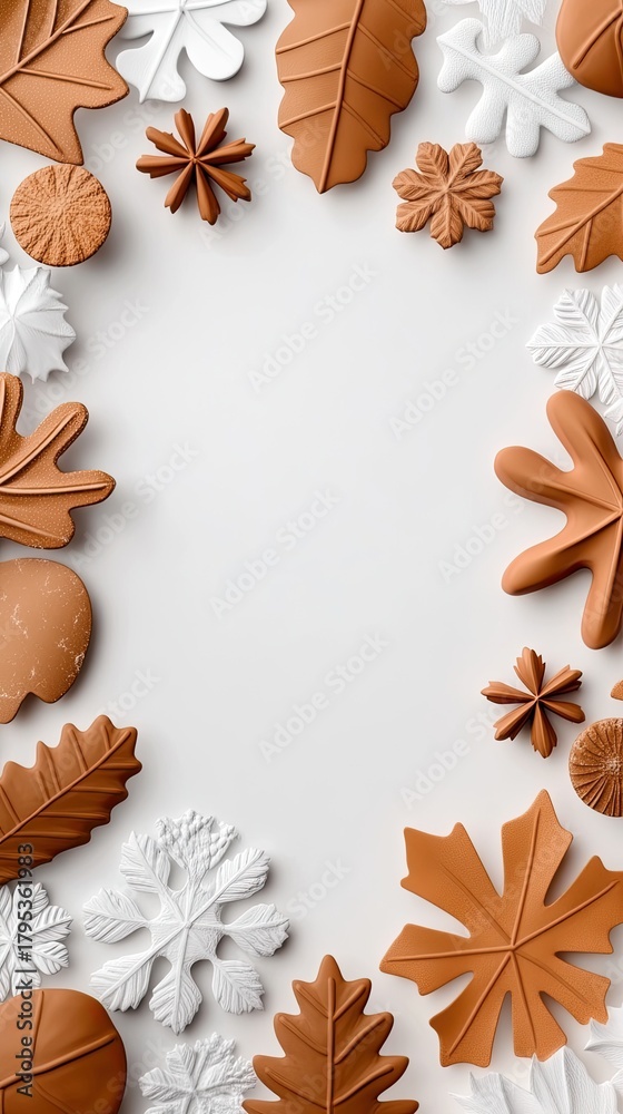 Fototapeta premium A winter wreath made of white leaves is designed in a 3D cartoonish style, perfectly isolated against a bright white background, ideal for decoration