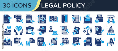 Collection of Legal Policy icons, related to Legal Document, Policy, Human Rights, Law Firm, Ethics and more. Solid icons vector illustation.